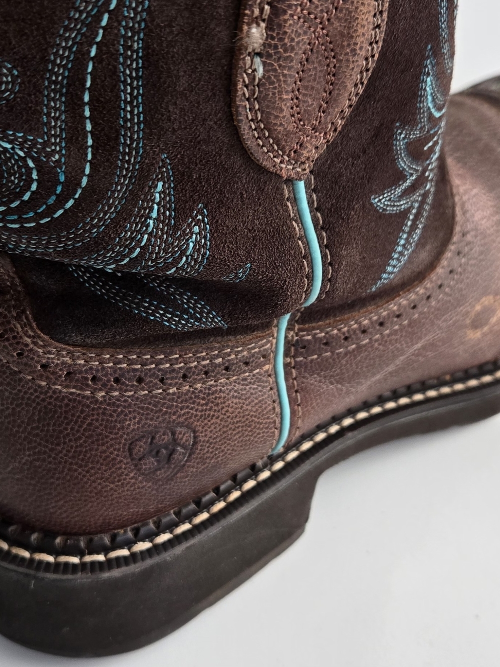 Ariat Brown Leather and Suede Ankle Boots with Turquoise Stitching Size 10B